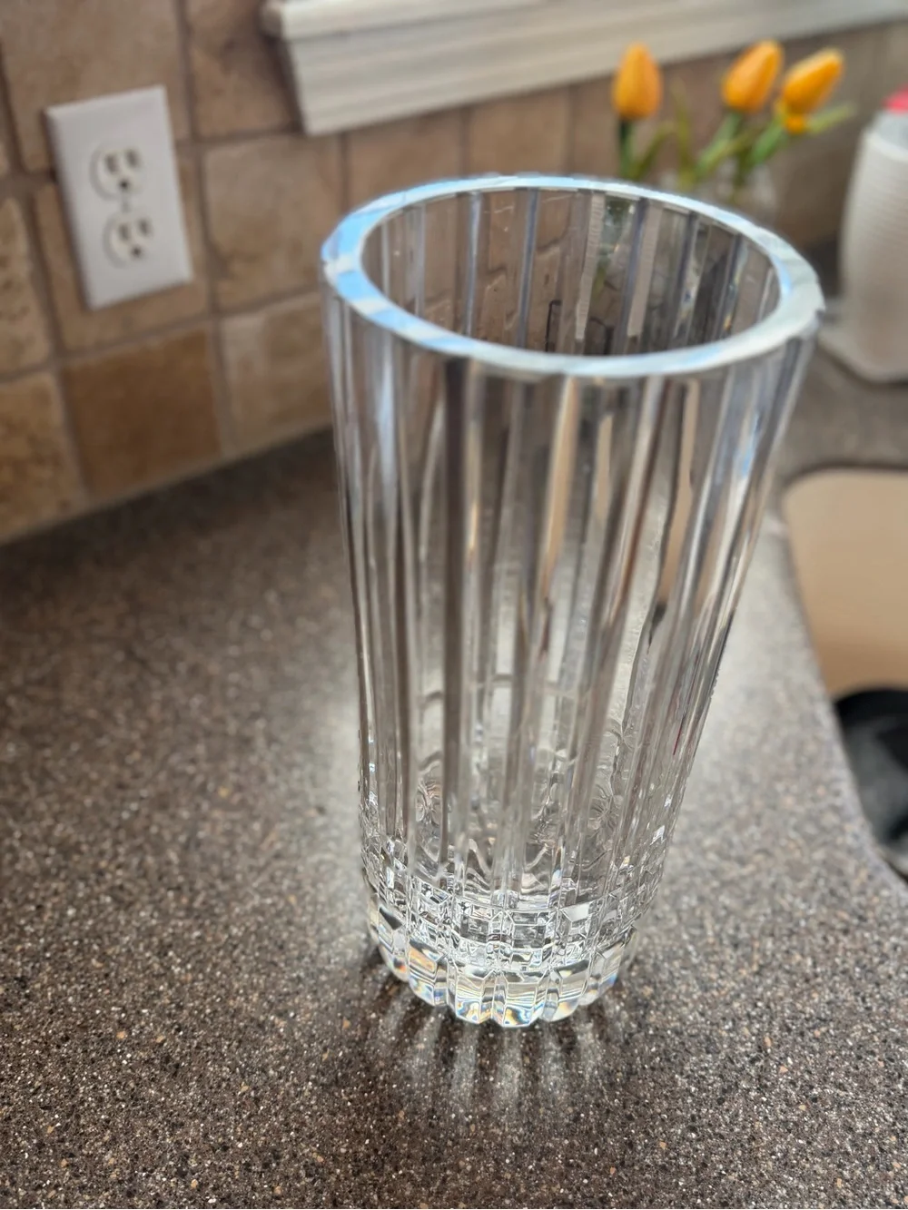 Tall Cut Crystal Glass Vase Starburst Base 12” Heavy Statement Vase